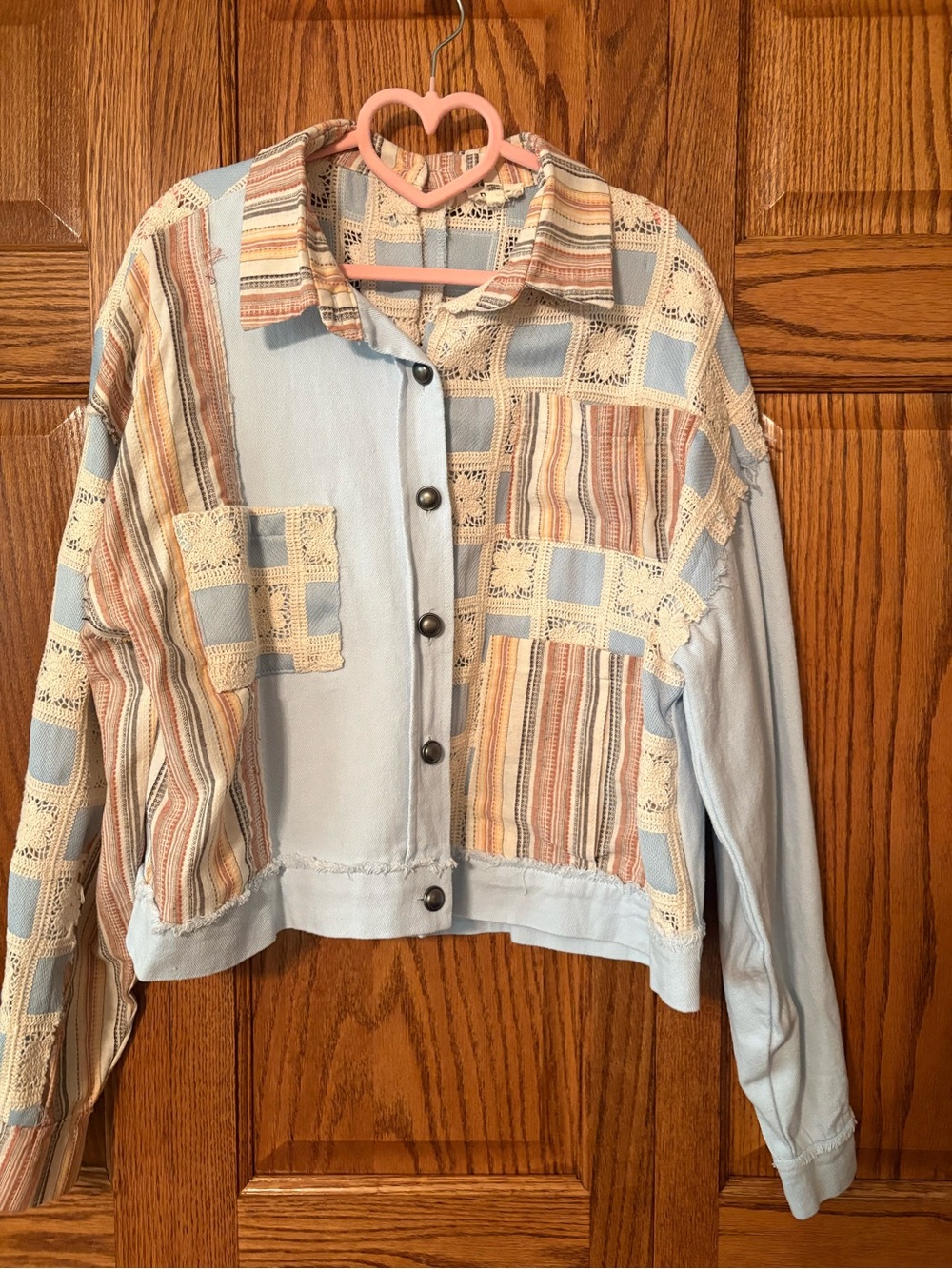 POL Patchwork Button-Front Women's Jacket in Light Blue and Beige